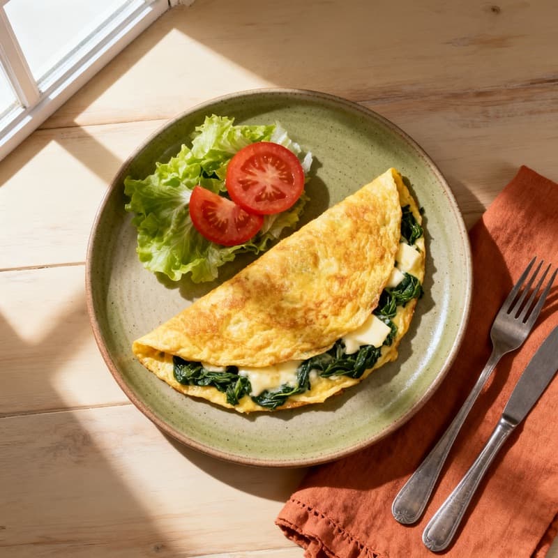 Omelete de espinafre e queijo com salada