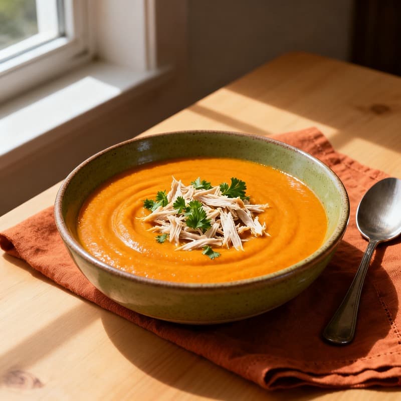Sopa creme de abóbora com frango desfiado