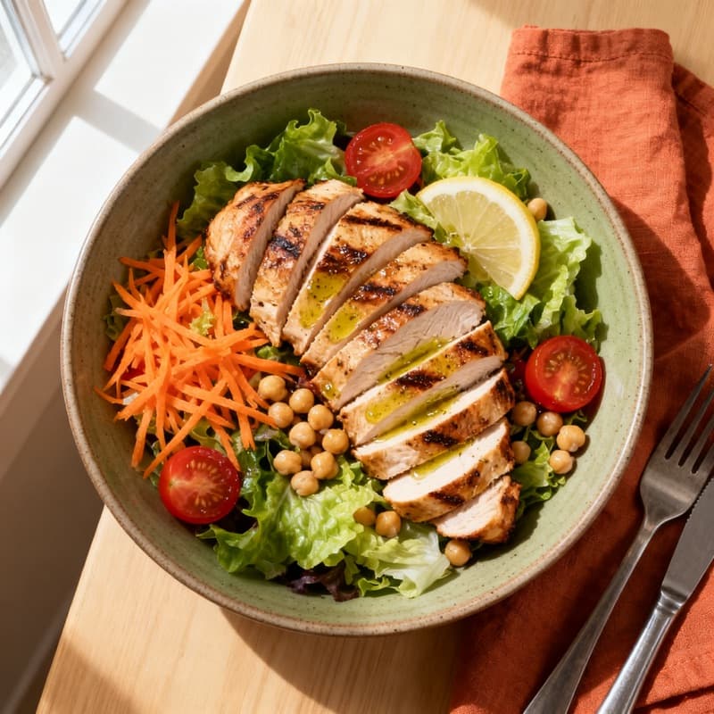 Frango grelhado com salada colorida e grão-de-bico